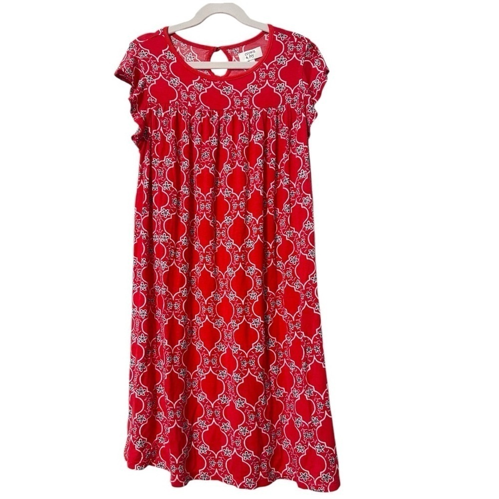 Crown & Ivy Girls Red Geometric Print Cap Sleeve Dress - Size Large